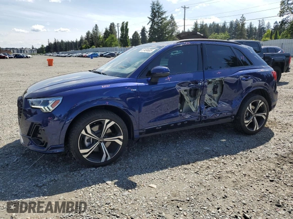 2023 Audi Q3 S line Premium Plus with VIN WA1EECF34P1117590, listed as a Copart auction lot 57404685 with 14,486 mi miles and Salvage title. Bid and sale history available at DreamBid. Image 1.