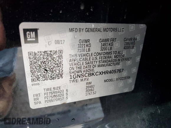 2017 Chevrolet Tahoe LT with VIN 1GNSCBKCXHR405767, listed as a Copart auction lot 55944575 with Not provided miles and Salvage title. Bid and sale history available at DreamBid. Image 13.