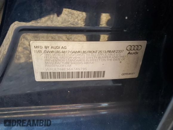 2004 Audi A4 3.0L with VIN WAULT68E34A145795, listed as a Copart auction lot 76507784 with 0 mi miles and Salvage Title. Bid and sale history available at carsss.com. Image 13.