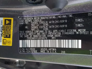 2018 Toyota Highlander LE z VIN 5TDZARFH1JS038079, wystawiony jako IAAI lot #42369968 z przebiegiem 83 706 mil mil oraz . Historia ofert i sprzedaży dostępna na DreamBid. Obrazek 9.
