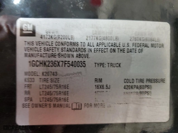 2007 Chevrolet Silverado 2500HD LT w/1LT with VIN 1GCHK236X7F540035, listed as a Copart auction lot 45506305 with 201,125 mi miles and Salvage Title. Bid and sale history available at carsss.com. Image 13.