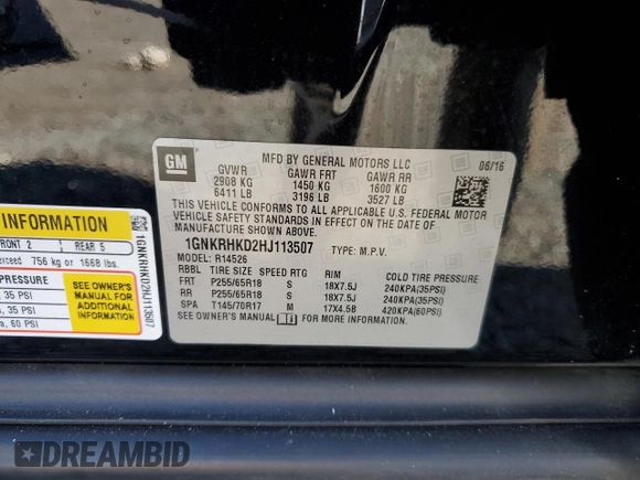 2017 Chevrolet Traverse LT with VIN 1GNKRHKD2HJ113507, listed as a Copart auction lot 50257365 with 212,590 mi miles and Clean Title. Bid and sale history available at DreamBid. Image 13.