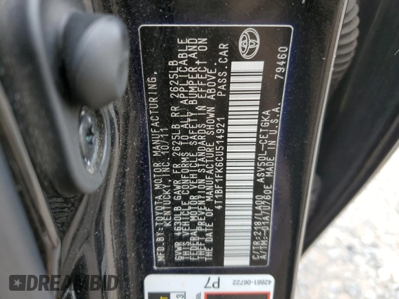2012 Toyota Camry L with VIN 4T1BF1FK6CU514921, listed as a Copart auction lot 52111985 with 146,929 mi miles and Salvage Title. Bid and sale history available at DreamBid. Image 12.