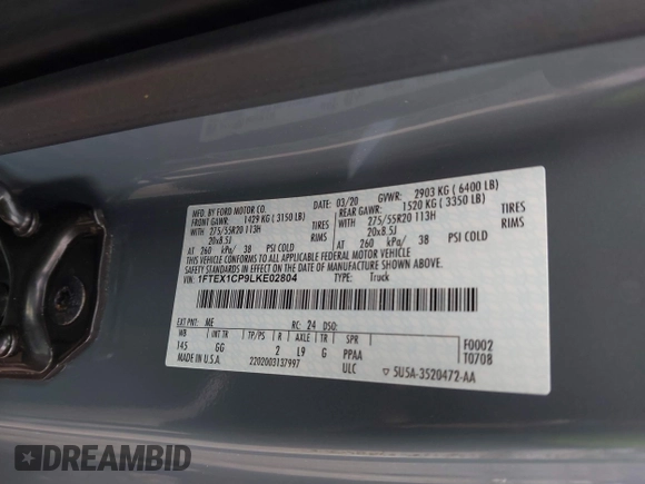 2020 Ford F-150 XL with VIN 1FTEX1CP9LKE02804, listed as a IAAI auction lot 41261391 with 95,047 mi miles and . Bid and sale history available at DreamBid. Image 9.