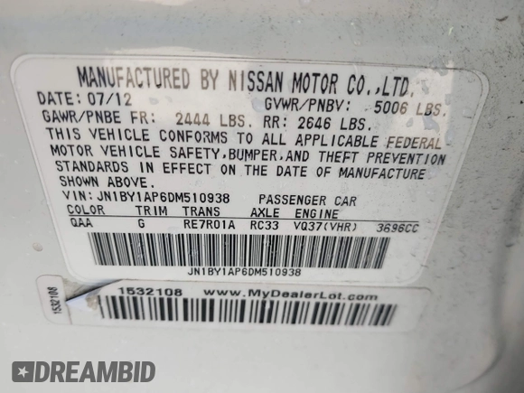 2013 Infiniti M37 with VIN JN1BY1AP6DM510938, listed as a IAAI auction lot 41239747 with Not Provided miles. Bid and sale history available at carsss.com. Image 9.