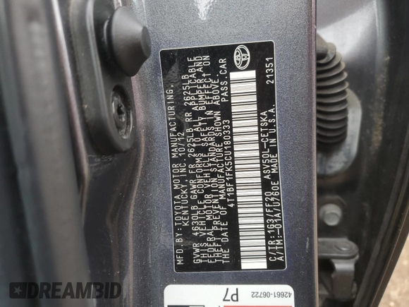 2012 Toyota Camry L with VIN 4T1BF1FK5CU180333, listed as a Copart auction lot 51679125 with 79,582 mi miles and Salvage Title. Bid and sale history available at carsss.com. Image 15.