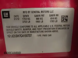2012 Chevrolet Sonic LT with VIN 1G1JC5SH7C4150737, listed as a IAAI auction lot 41743667 with 182,261 mi miles and . Bid and sale history available at DreamBid. Image 9.