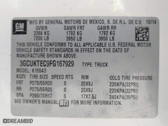 2015 Chevrolet Silverado 1500 High Country with VIN 3GCUKTEC9FG167929, listed as a IAAI auction lot 41668399 with 220,194 mi miles. Bid and sale history available at carsss.com. Image 9.