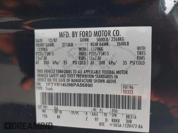 2008 Ford Ranger with VIN 1FTYRI4U98PA56890, listed as a IAAI auction lot 42064246 with 203,651 mi miles and . Bid and sale history available at DreamBid. Image 9.