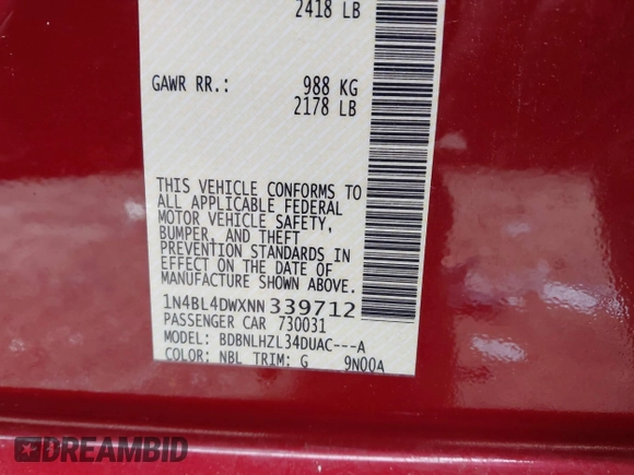 2022 Nissan Altima SV with VIN 1N4BL4DWXNN339712, listed as a IAAI auction lot 41569420 with Not Provided miles and . Bid and sale history available at DreamBid. Image 9.