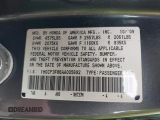 2010 Honda Accord EX-L z VIN 1HGCP3F86AA005692, wystawiony jako IAAI lot #42260882 z przebiegiem 172 649 mil mil oraz . Historia ofert i sprzedaży dostępna na DreamBid. Obrazek 9.