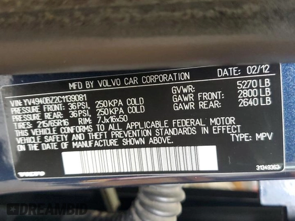 2012 Volvo XC70 3.2L with VIN YV4940BZ2C1139081, listed as a Copart auction lot 73008324 with 376,448 mi miles and Salvage Title. Bid and sale history available at DreamBid. Image 14.