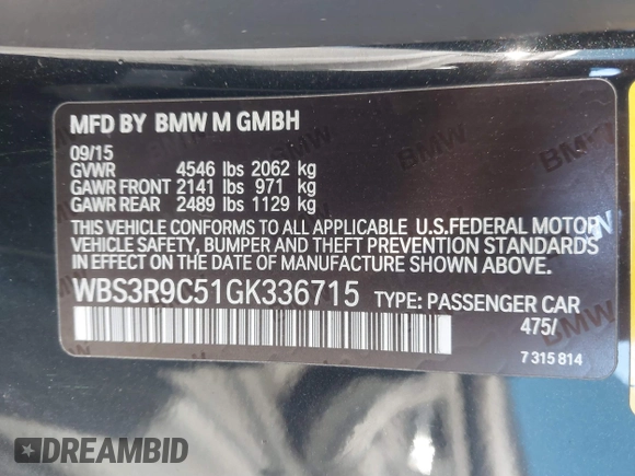 2016 BMW M4 with VIN WBS3R9C51GK336715, listed as a IAAI auction lot 41240988 with 62,245 mi miles and . Bid and sale history available at DreamBid. Image 9.