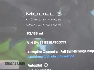 2020 Tesla Model 3 Long Range with VIN 5YJ3E1EB9LF620771, listed as a IAAI auction lot 41795008 with 53,155 mi miles and . Bid and sale history available at DreamBid. Image 15.