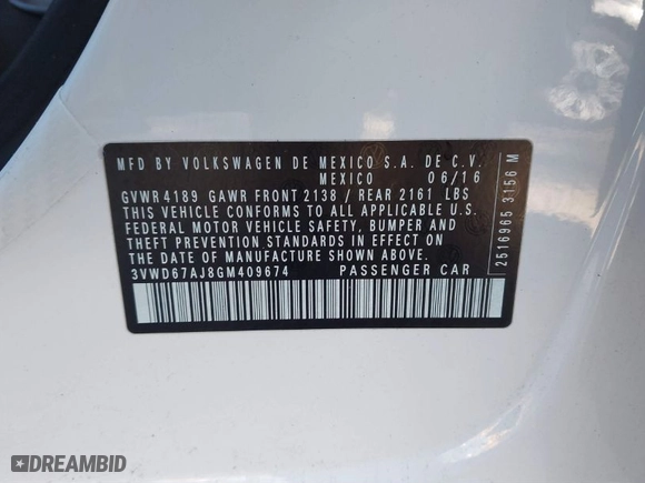 2016 Volkswagen Jetta Sedan 1.4T SE w/Connectivity with VIN 3VWD67AJ8GM409674, listed as a IAAI auction lot 41835611 with 154,602 mi miles. Bid and sale history available at carsss.com. Image 9.