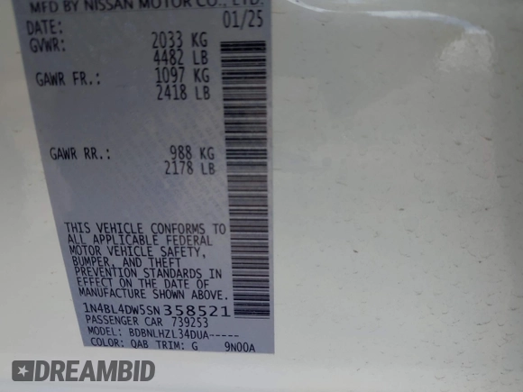 2025 Nissan Altima SV with VIN 1N4BL4DW5SN358521, listed as a IAAI auction lot 42213920 with 5,287 mi miles and . Bid and sale history available at DreamBid. Image 9.