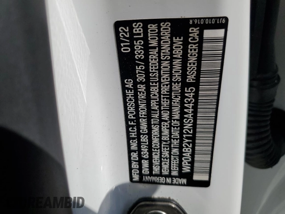 2022 Porsche Taycan 4S with VIN WP0AB2Y12NSA44345, listed as a Copart auction lot 45383275 with 24,564 mi miles and Salvage Title. Bid and sale history available at DreamBid. Image 13.