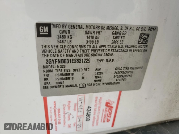 2014 Cadillac SRX Luxury Collection with VIN 3GYFNBE31ES631229, listed as a Copart auction lot 50915175 with 161,626 mi miles and Salvage Title. Bid and sale history available at carsss.com. Image 13.