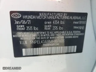 2021 Hyundai Sonata SEL with VIN 5NPEL4JA9MH107603, listed as a Copart auction lot 51212815 with 38,508 mi miles and Salvage Title. Bid and sale history available at carsss.com. Image 12.