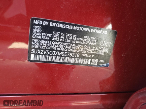 2021 BMW X4 M40i with VIN 5UX2V5C0XM9E78318, listed as a Copart auction lot 57834645 with 67,277 mi miles and Salvage title. Bid and sale history available at DreamBid. Image 12.