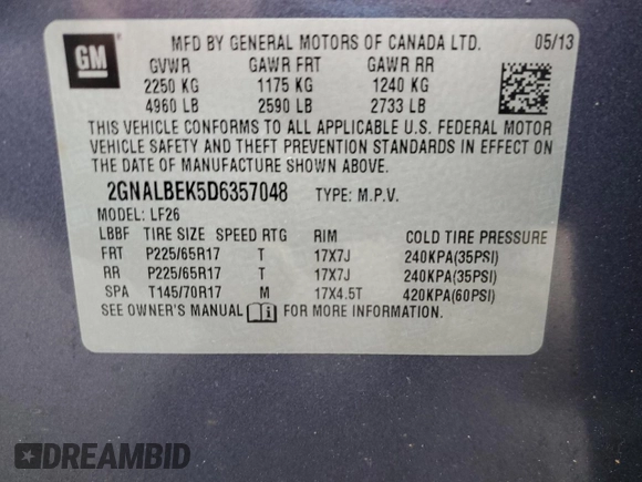 2013 Chevrolet Equinox LS with VIN 2GNALBEK5D6357048, listed as a Copart auction lot 50870495 with 115,582 mi miles and Salvage Title. Bid and sale history available at DreamBid. Image 13.