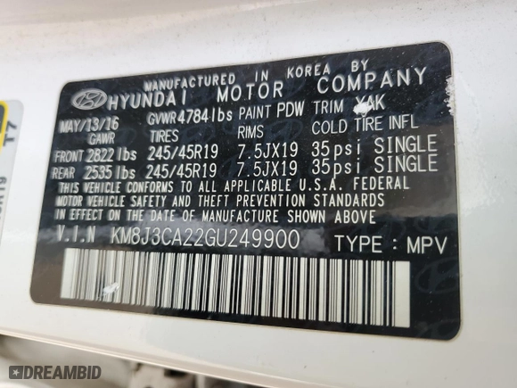 2016 Hyundai Tucson Limited with VIN KM8J3CA22GU249900, listed as a Copart auction lot 47204795 with 122,935 mi miles and Clean Title. Bid and sale history available at carsss.com. Image 13.