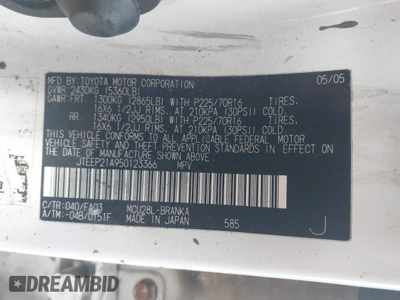 2005 Toyota Highlander z VIN JTEEP21A950123366, wystawiony jako IAAI lot #41720904 z przebiegiem Nie podano mil oraz . Historia ofert i sprzedaży dostępna na DreamBid. Obrazek 9.