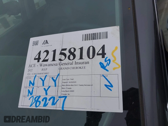 2022 Jeep Grand Cherokee with VIN 1C4RJYB68N8748802, listed as a IAAI auction lot 42158104 with 28,227 mi miles and . Bid and sale history available at DreamBid. Image 17.
