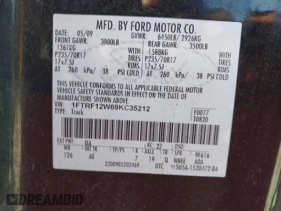 2009 Ford F-150 XL with VIN 1FTRF12W69KC35212, listed as a IAAI auction lot 42225362 with 214,298 mi miles and . Bid and sale history available at carsss.com. Image 9.