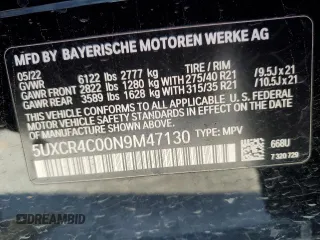 2022 BMW X5 sDrive40i with VIN 5UXCR4C00N9M47130, listed as a Copart auction lot 47054295 with Not Provided miles and Salvage Title. Bid and sale history available at DreamBid. Image 14.