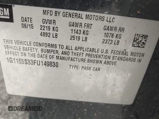 2015 Chevrolet Impala LTZ with VIN 1G1165S33FU149830, listed as a IAAI auction lot 42019691 with 162,453 mi miles and . Bid and sale history available at DreamBid. Image 9.