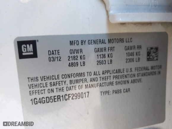 2012 Buick LaCrosse Premium 1 with VIN 1G4GD5ER1CF299017, listed as a IAAI auction lot 41921245 with 145,722 mi miles. Bid and sale history available at carsss.com. Image 9.