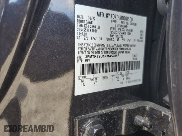 2022 Ford Mustang Mach-E Premium with VIN 3FMTK3SU1NMA57087, listed as a Copart auction lot 61045105 with 31,319 mi miles and Salvage title. Bid and sale history available at DreamBid. Image 12.