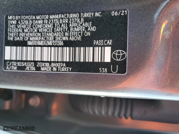 2021 Toyota C-HR LE with VIN NMTKHMBX2MR131306, listed as a Copart auction lot 48765835 with 57,970 mi miles and Salvage Title. Bid and sale history available at carsss.com. Image 13.