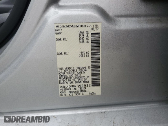 2022 Nissan Altima 2.5 SV with VIN 1N4BL4DV4NN392932, listed as a Copart auction lot 47034295 with 54,450 mi miles and Clean Title. Bid and sale history available at carsss.com. Image 12.