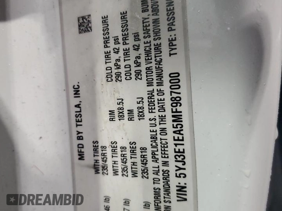 2021 Tesla Model 3 Standard Range Plus with VIN 5YJ3E1EA5MF987000, listed as a Copart auction lot 87638485 with Not Provided miles and Salvage Title. Bid and sale history available at DreamBid. Image 12.