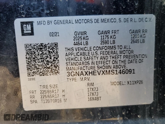 2021 Chevrolet Equinox LS z VIN 3GNAXHEVXMS146091, wystawiony jako Copart lot #55772595 z przebiegiem 53 215 mil mil oraz Szkoda całkowita • Salvage title. Historia ofert i sprzedaży dostępna na DreamBid. Obrazek 14.
