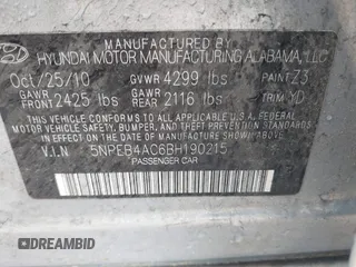 2011 Hyundai Sonata GLS with VIN 5NPEB4AC6BH190215, listed as a IAAI auction lot 41918753 with 91,814 mi miles and . Bid and sale history available at carsss.com. Image 9.