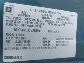 1997 GMC Suburban z VIN 1GKGK26J6VJ758001, wystawiony jako IAAI lot #41457050 z przebiegiem 164 337 mil mil oraz . Historia ofert i sprzedaży dostępna na DreamBid. Obrazek 9.