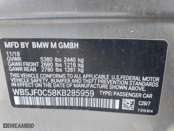 2019 BMW M5 Competition with VIN WBSJF0C58KB285959, listed as a IAAI auction lot 41867705 with 0 mi miles. Bid and sale history available at carsss.com. Image 9.