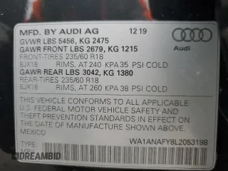 2020 Audi Q5 Premium with VIN WA1ANAFY8L2053198, listed as a Copart auction lot 55269495 with Not provided miles and Salvage title. Bid and sale history available at DreamBid. Image 14.
