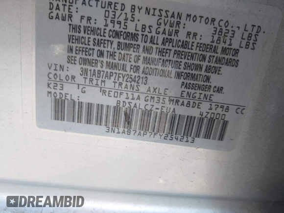2015 Nissan Sentra SR with VIN 3N1AB7AP7FY254213, listed as a IAAI auction lot 41669183 with 103,545 mi miles and . Bid and sale history available at DreamBid. Image 9.