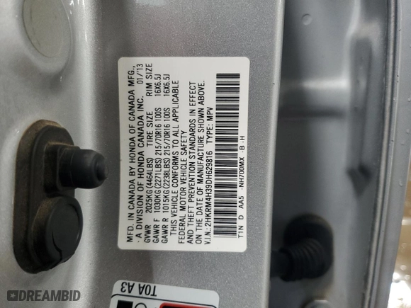 2013 Honda CR-V LX with VIN 2HKRM4H39DH629816, listed as a Copart auction lot 49912345 with 124,176 mi miles and Salvage Title. Bid and sale history available at carsss.com. Image 12.