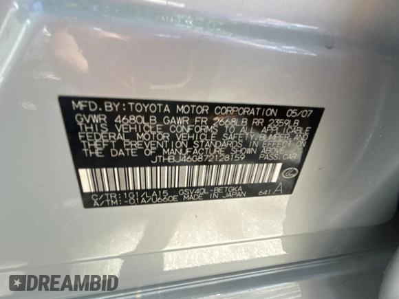 2007 Lexus ES 330 with VIN JTHBJ46G872128159, listed as a Copart auction lot 55526035 with 225,303 mi miles and Clean Title. Bid and sale history available at DreamBid. Image 10.