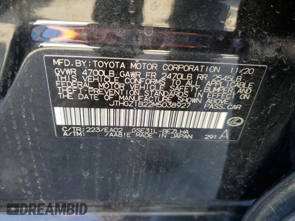 2021 Lexus IS 350 F Sport with VIN JTHGZ1B22M5038927, listed as a Copart auction lot 53888735 with 53,439 mi miles and Salvage title. Bid and sale history available at DreamBid. Image 12.