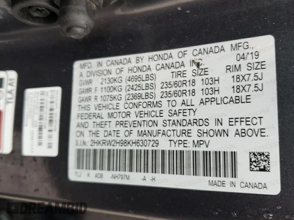 2019 Honda CR-V Touring with VIN 2HKRW2H98KH630729, listed as a Copart auction lot 43032655 with 114,105 mi miles and Salvage Title. Bid and sale history available at carsss.com. Image 12.