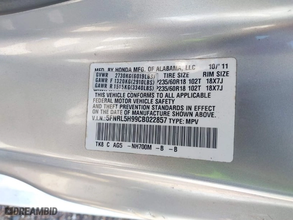 2012 Honda Odyssey Touring with VIN 5FNRL5H99CB022857, listed as a IAAI auction lot 41643504 with NaN miles. Bid and sale history available at carsss.com. Image 9.