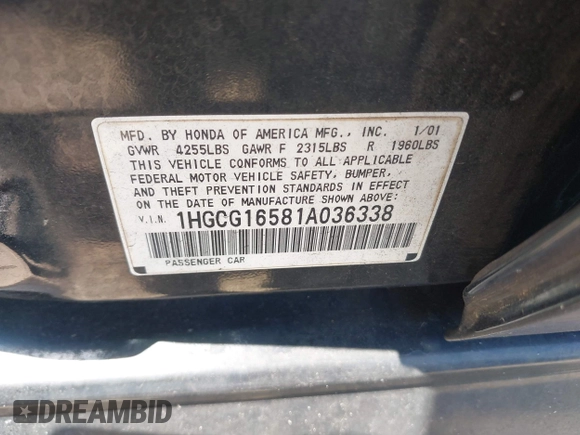 2001 Honda Accord EX with VIN 1HGCG16581A036338, listed as a IAAI auction lot 42603095 with 204,441 mi miles and . Bid and sale history available at DreamBid. Image 9.