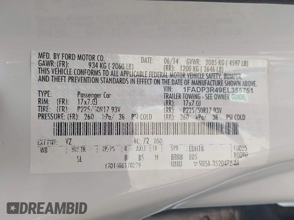2014 Ford Focus Electric with VIN 1FADP3R49EL355751, listed as a IAAI auction lot 42628237 with 56,551 mi miles and . Bid and sale history available at DreamBid. Image 9.