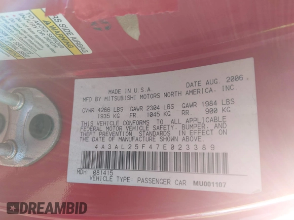 2007 Mitsubishi Eclipse GS with VIN 4A3AL25F47E023389, listed as a IAAI auction lot 41681427 with 168,587 mi miles and . Bid and sale history available at DreamBid. Image 9.